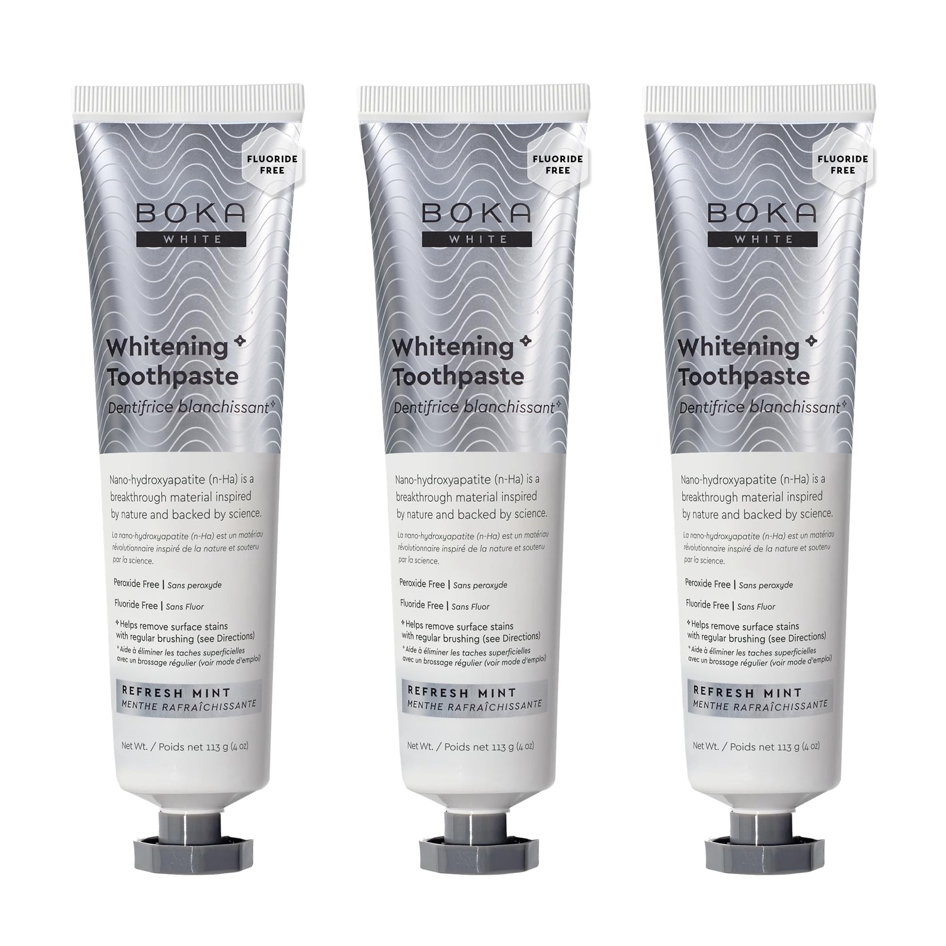 Boka Fluoride Free Toothpaste, Nano Hydroxyapatite Toothpaste, Appropriate for Sensitive Teeth, for Adult, Kids Oral Care - Whitening * Refresh Mint, 4 Fl Oz (113g) 3Pk