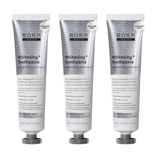 Boka Fluoride Free Toothpaste, Nano Hydroxyapatite Toothpaste, Appropriate for Sensitive Teeth, for Adult, Kids Oral Care - Whitening * Refresh Mint, 4 Fl Oz (113g) 3Pk