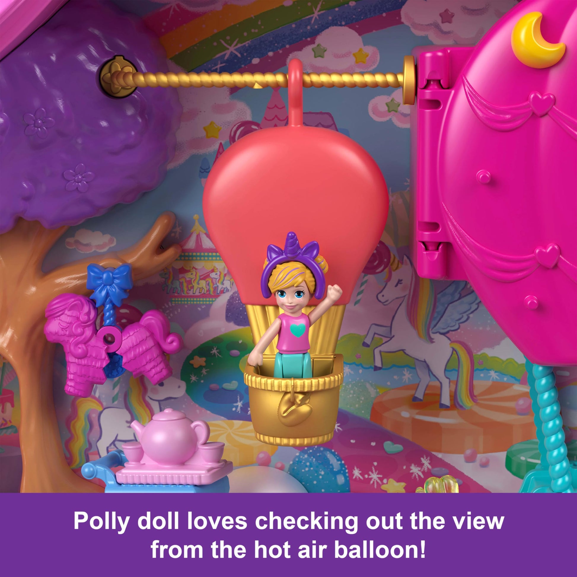 Polly Pocket Dolls & Playset with Pets & 25+ Surprise Accessories, Birthday Celebration Unicorn Partyland Playset, Hot Air Balloon Ride Mattel
