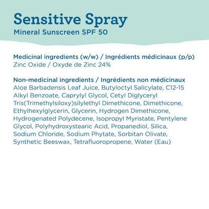 Blue Lizard Sensitive Mineral SPF 50 Spray, Broad-Spectrum UVA/UVB Protection, Water-Resistant, Zinc Oxide Formula, 142 g