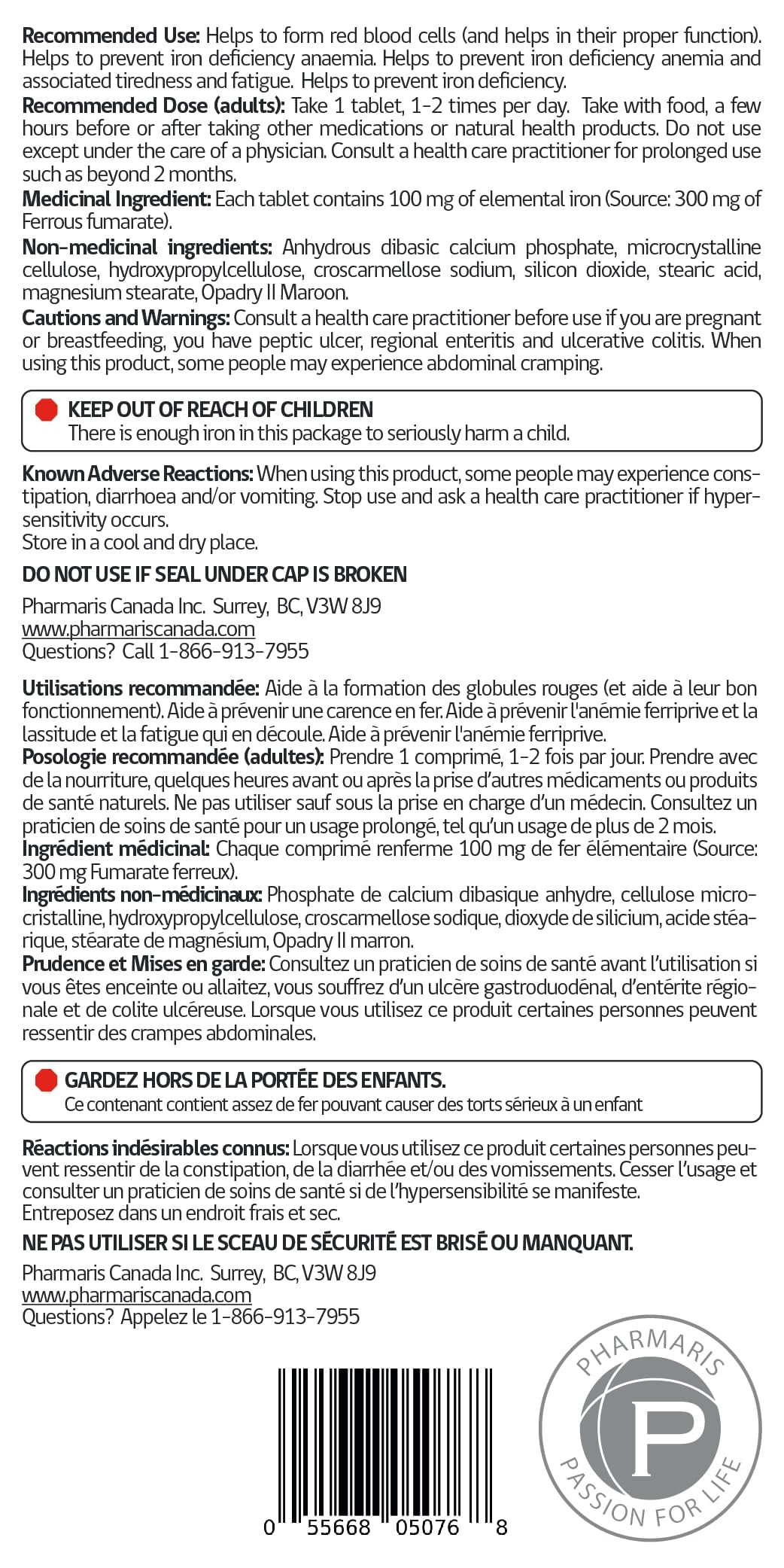 Pharmaris Ferofit - Ferrous Fumarate 300mg (100mg Elemental Iron), Prevents Anemia Due to Deficiency, Iron Supplements for Women & Men, 100 Tablets - Available at All In One Marketplace Canada