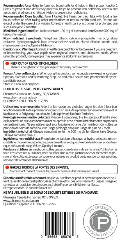 Pharmaris Ferofit - Ferrous Fumarate 300mg (100mg Elemental Iron), Prevents Anemia Due to Deficiency, Iron Supplements for Women & Men, 100 Tablets - Available at All In One Marketplace Canada