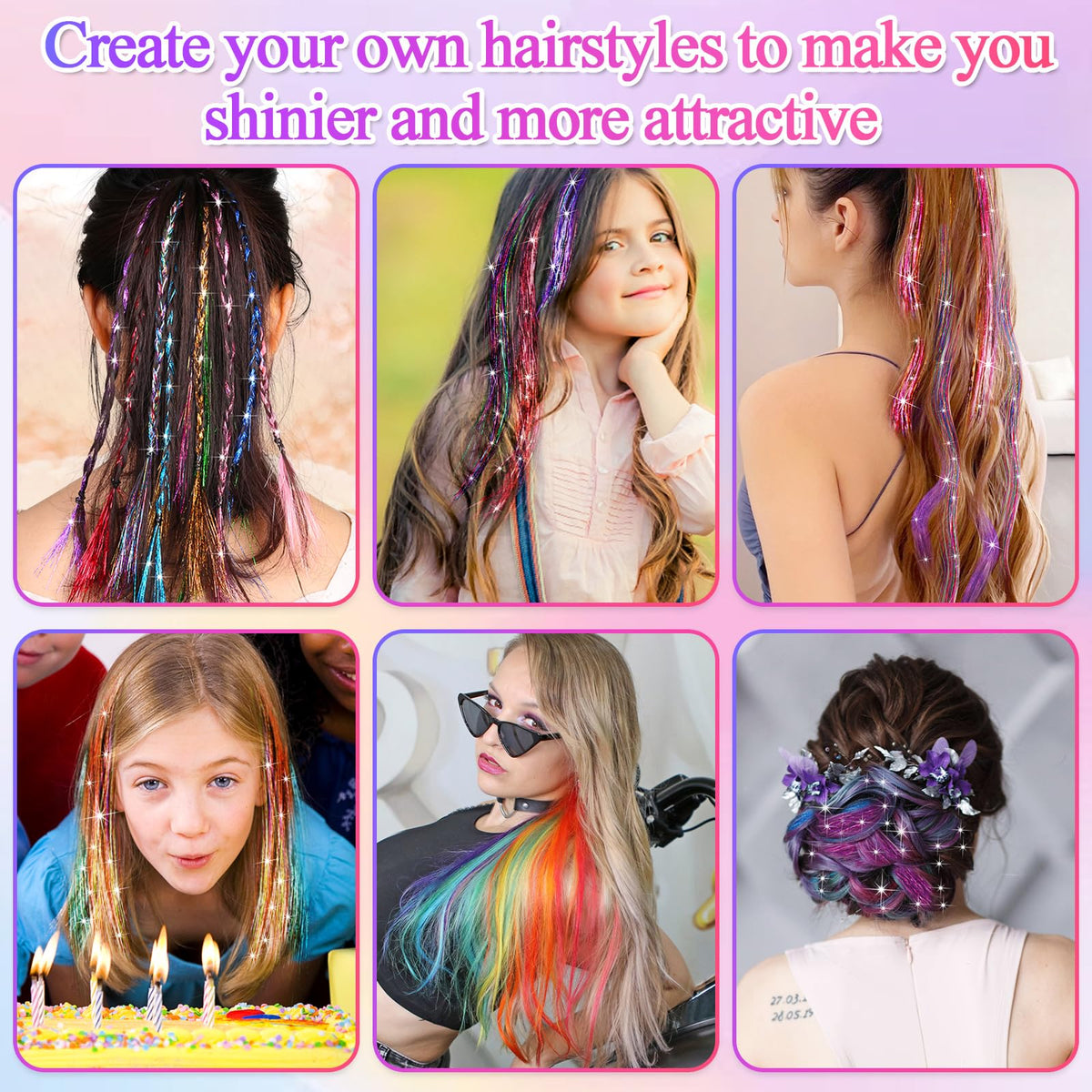 25 Colors Fairy Hair Tinsel Kit 5000 Hair Glitter Strands 48 Inch Heat Resistant Tinsel Hair Extensions Sparkling Shiny Highlights Hair Tinsel with Tools for Christmas Halloween New Year Cosplay Party 🍁 All In One Marketplace Canada