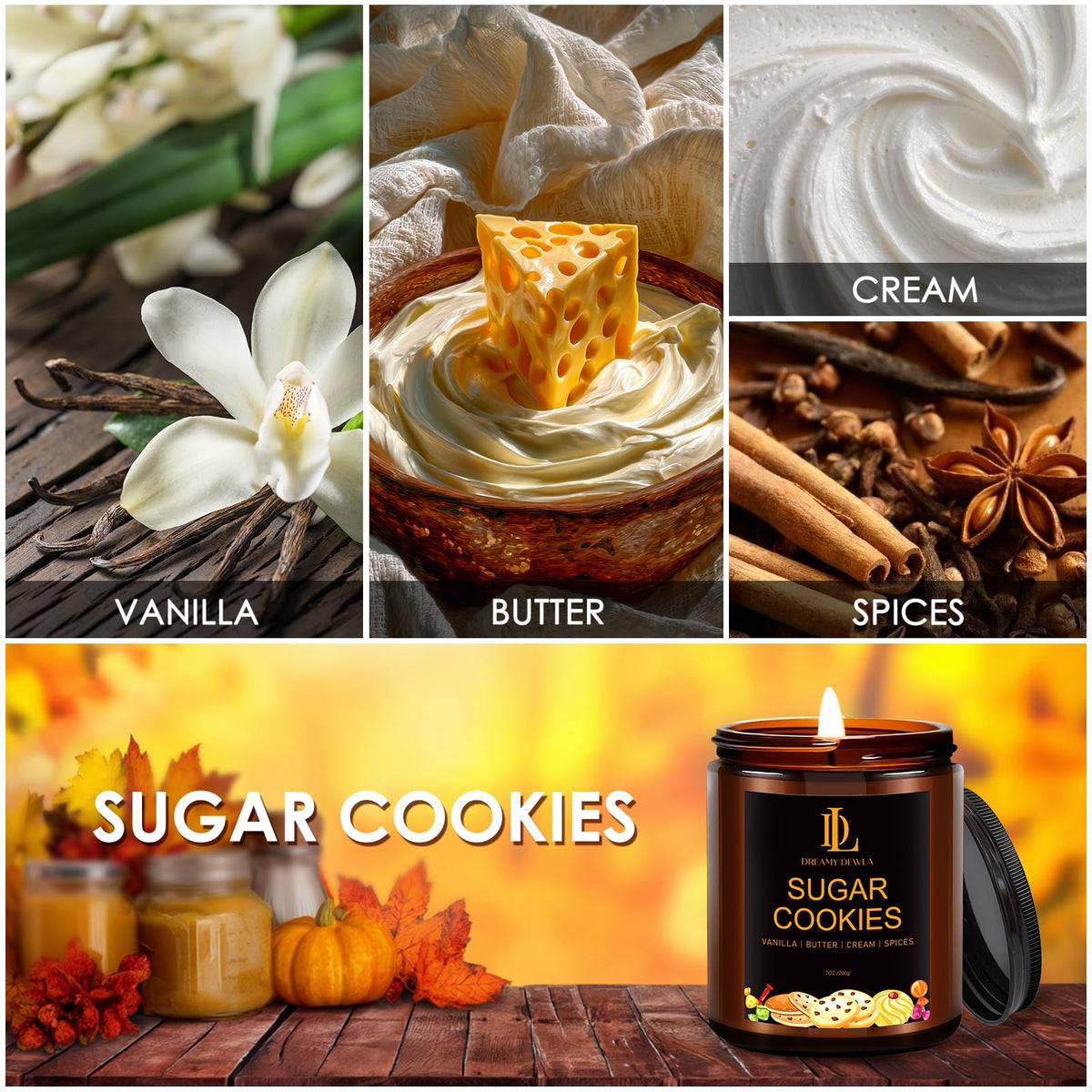 DL DREAMY DEWLA Fall Candle, Sugar Cookies Scented for Home, 7oz Soy Wax 🍁 All In One Marketplace Canada