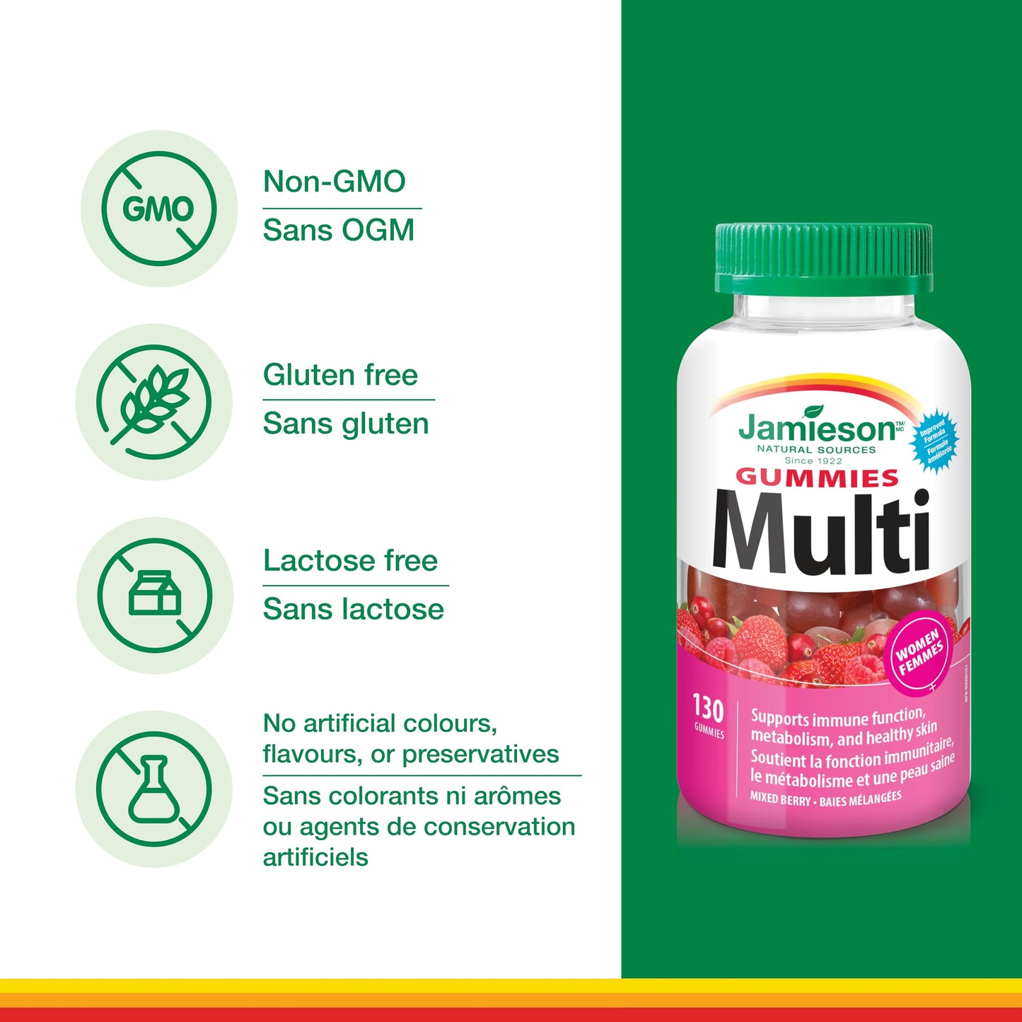 Jamieson Multivitamin Gummies for Women, 130 Gummies Mixed Berry Flavour. Supports Bone Health, Immunity, Energy, Hair, Skin Nails. With Biotin and Vitamin B12, Vegetarian, Non-GMO - Available at All In One Marketplace Canada