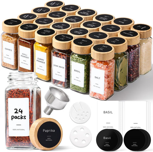 ComSaf 4oz 24Pcs Glass Spice Jars with Bamboo Lids, Empty Spice Containers with 93 Labels, Square Seasoning Containers Trial and Supplement Set, Small Seasoning Bottles for Salt, Herbs, Sugar, Pepper - Available at All In One Marketplace Canada