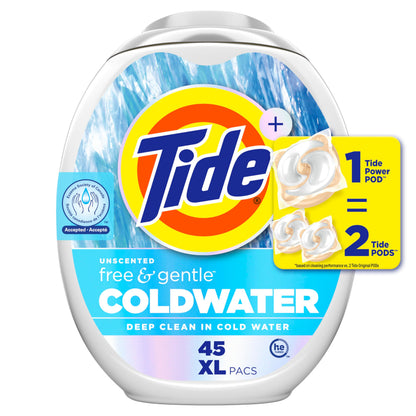 Tide PODS Free and Gentle Coldwater Laundry Detergent Pacs, 45 Count, Hypoallergenic Laundry Detergent Pacs Tide