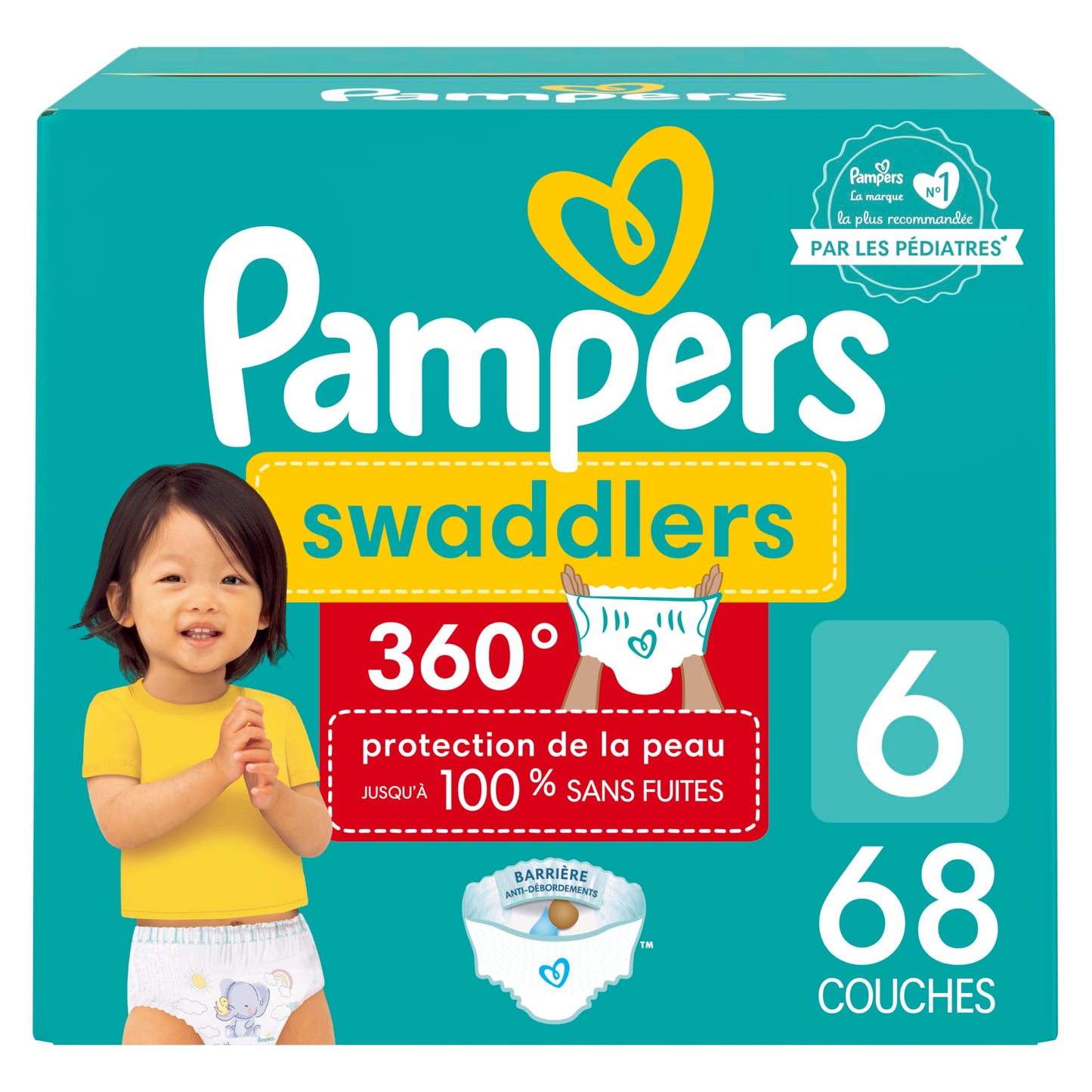Pampers Diapers - Swaddlers 360 degrees - Size 6, 68 Count, up to 100% Leakproof Comfy Dry Fit, EZ Off Tabs Designed for Easy Changes, Pull On Diaper