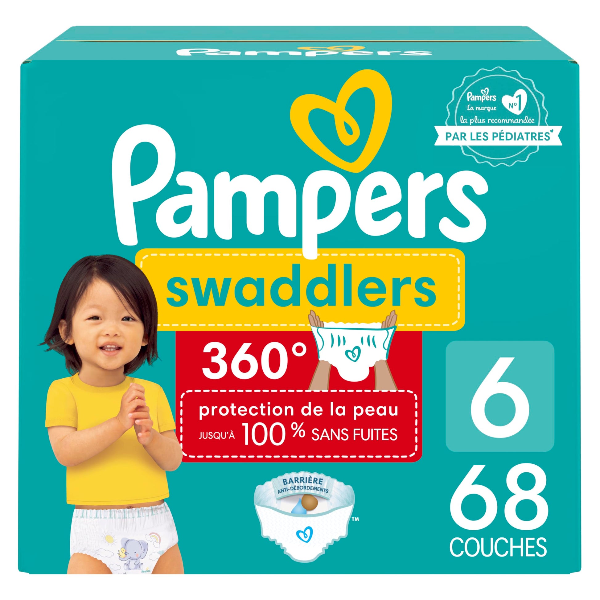 Pampers Diapers - Swaddlers 360 degrees - Size 6, 68 Count, up to 100% Leakproof Comfy Dry Fit, EZ Off Tabs Designed for Easy Changes, Pull On Diaper