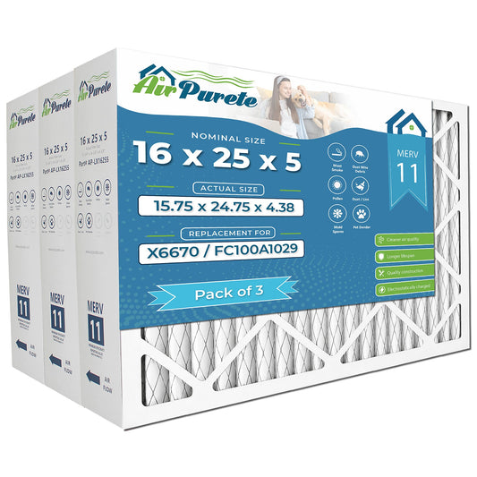 AirPurete 16x25x5 MERV 11 Air Filter, Replacement for Lennox X6670, Honeywell FC100A1029, Pleated HVAC AC Furnace Filters for Home (Actual Size: 15.75 x 24.75 x 4.38) | 3-Pack - Available at All In One Marketplace Canada