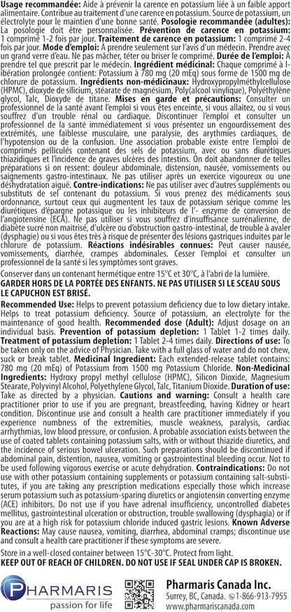 Pharmaris K-20 Potassium Chloride 1500mg Extended Release Tablets, Provides 20 mEq Potassium, Electrolyte Replenisher for Hypokalemia Treatment, Daily Use Supplement, 100 Tablets - Available at All In One Marketplace Canada