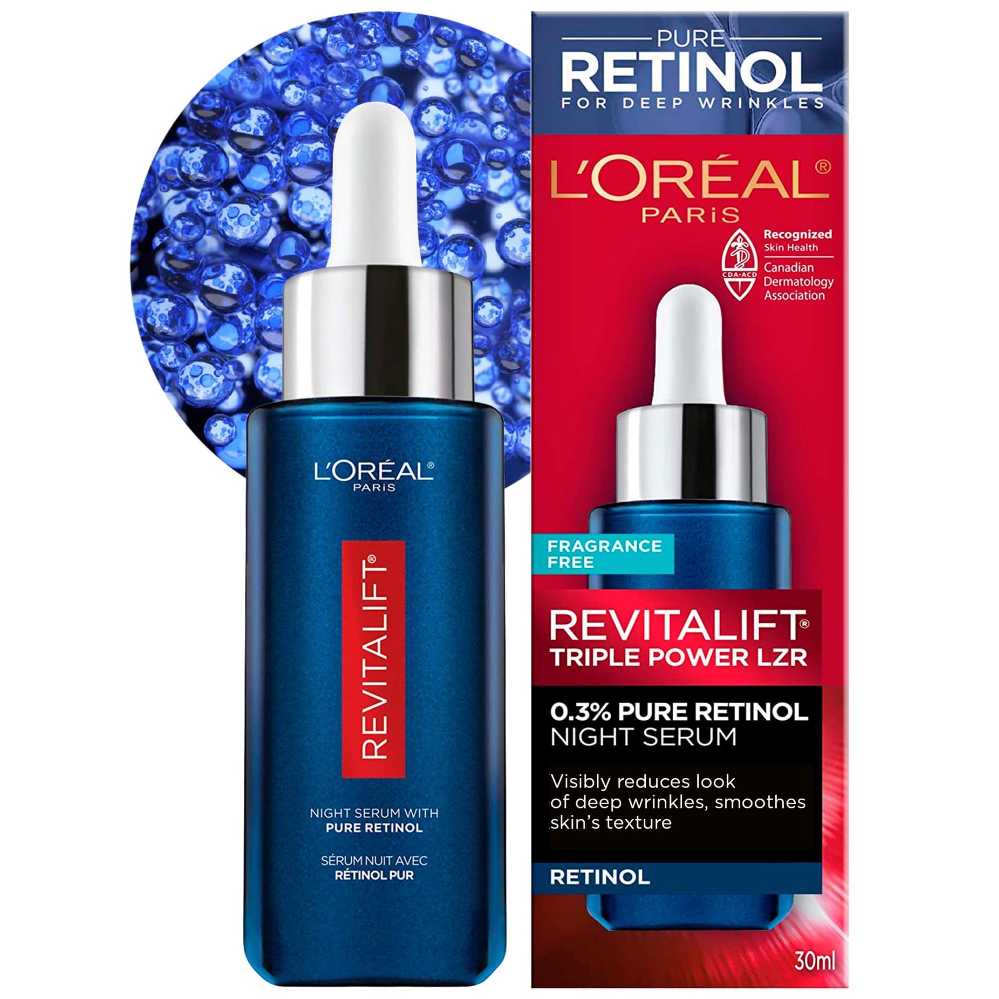 L'Oreal Paris 0.3% Pure Retinol Serum for Face, Night Serum Visibly Reduces the Look of Deep Wrinkles & Smoothes Texture, Revitalift Derm Intensives, 30ml - Available at All In One Marketplace Canada