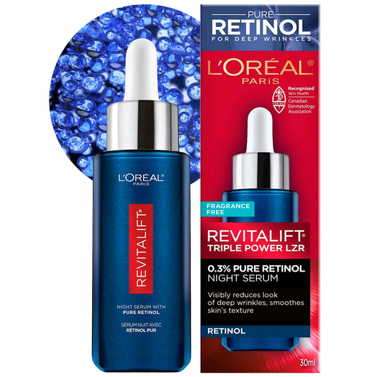 L'Oreal Paris 0.3% Pure Retinol Serum for Face, Night Serum Visibly Reduces the Look of Deep Wrinkles & Smoothes Texture, Revitalift Derm Intensives, 30ml - Available at All In One Marketplace Canada