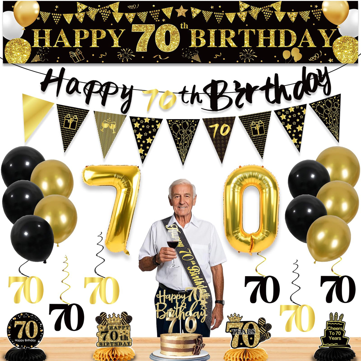 70th Birthday Decorations for Men, Black Gold 70th Party Decoration Set 🍁 All In One Marketplace Canada