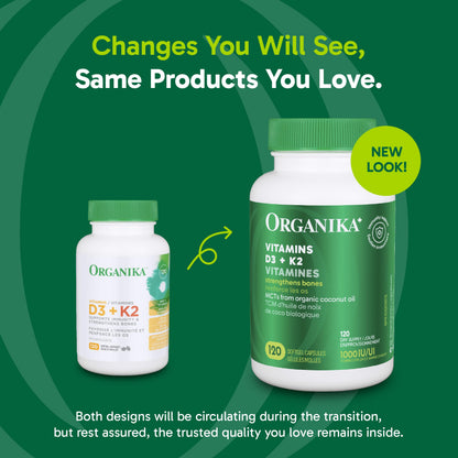 Organika Vitamin D3 + K2 (MK7)- 1000IU D3 and 120mcg K2 per capsule- High Potency, Supports Healthy Immune Function and Bones + Teeth- 120sftgl