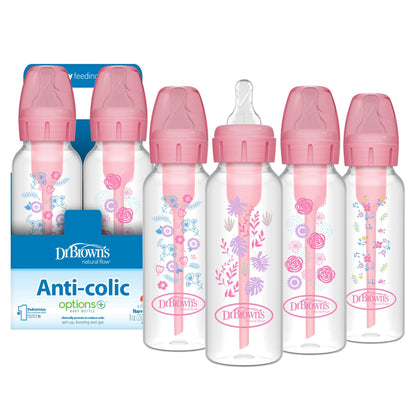 Dr. Brown's Natural Flow Anti-Colic Options+ Narrow Baby Bottle, Pink Floral, 8 oz/250 mL, with Level 1 Slow Flow Nipples, 0m+, 4 Bottles, 4 Units (Pack of 1)