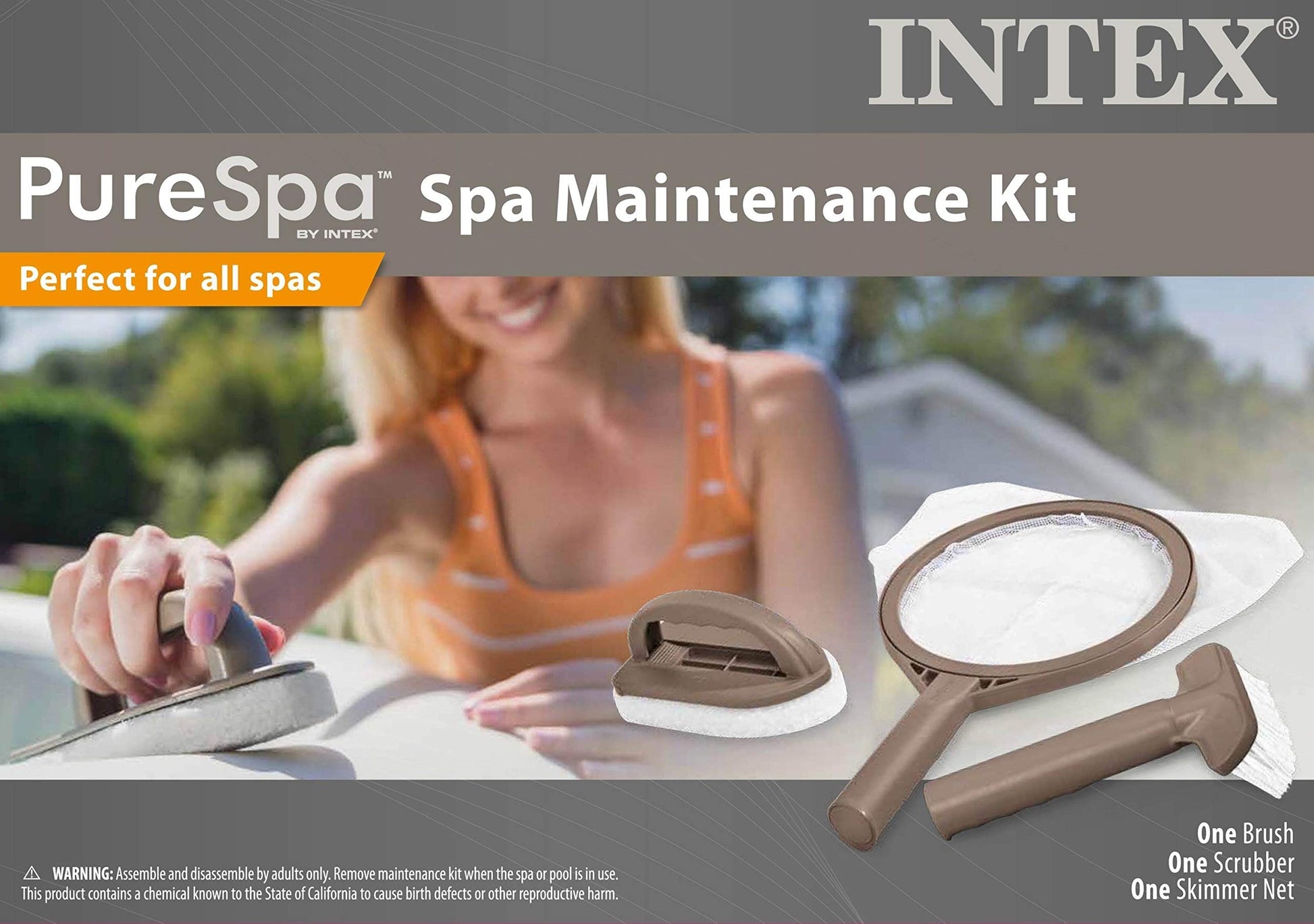 Intex PureSpa Hot Tub and Spa Maintenance Accessory Kit with Curved Brush, Mesh Net Skimmer, and Scrubber for Inflatable PureSpa Home Hot Tubs Intex