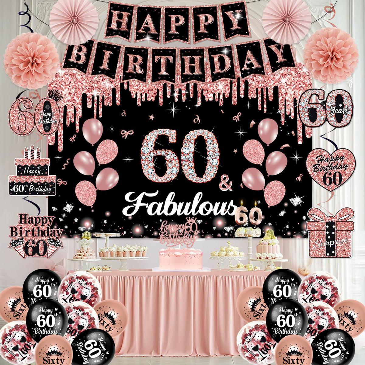 50Pcs 60th Birthday Decorations for Women,Rose Gold Black Pre-Assembled Set 🍁 All In One Marketplace Canada