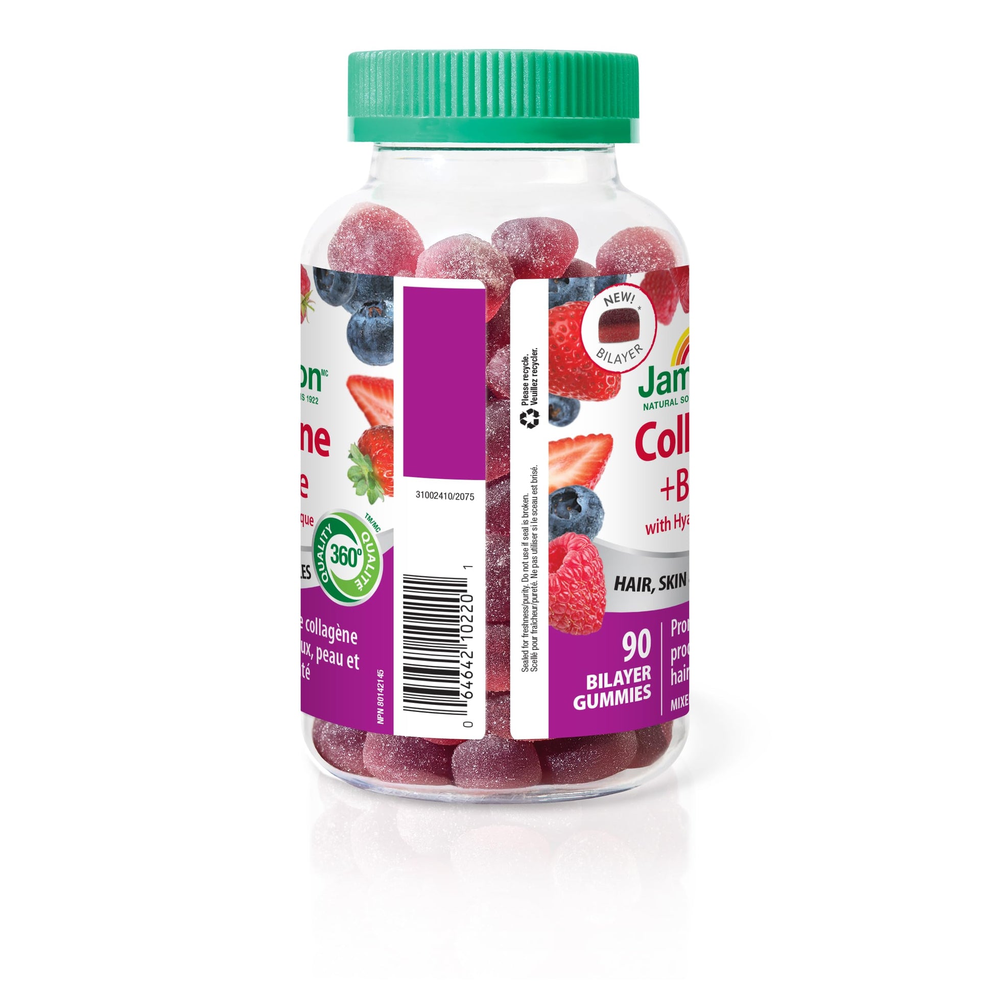 Jamieson Collagen and Biotin Bilayer Gummy with Hyaluronic Acid and Vitamin C, Mixed Berry Flavour, Healthy Hair, Skin & Nails, Supports Collagen Production, Source of Antioxidants, Beauty Gummy, NON-GMO, No Gluten, No Lactose, No Artificial Colours, Flav Jamieson