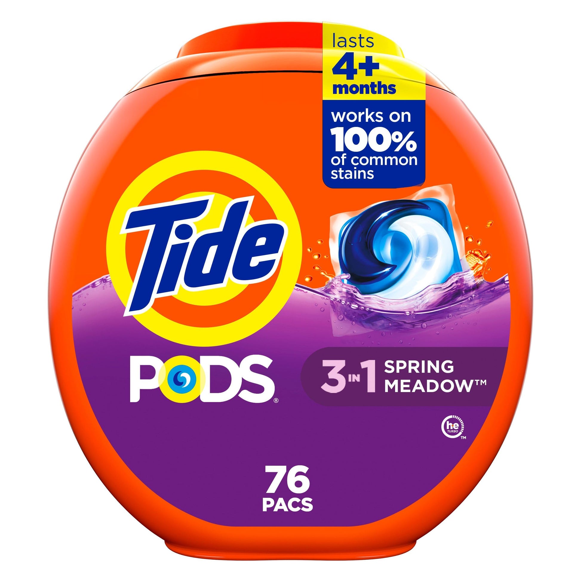 Tide PODS laundry detergent pacs, 3-in-1 Stain Remover, Odor Fighter, Color ProteCountor, 76 Count, HE compatible, Spring Meadow Scent