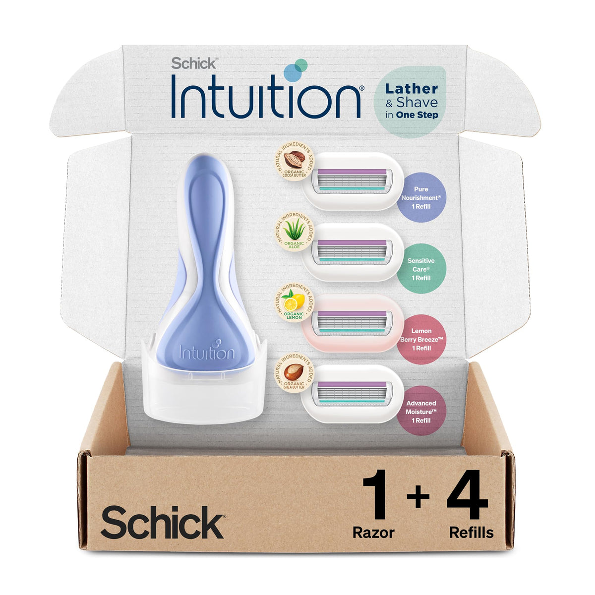 INTUITION Schick Razor for Women Variety Pack - 1 Handle & 4 Blades Refill | Shaving Kit for Girls & Beginners, Gift Set
