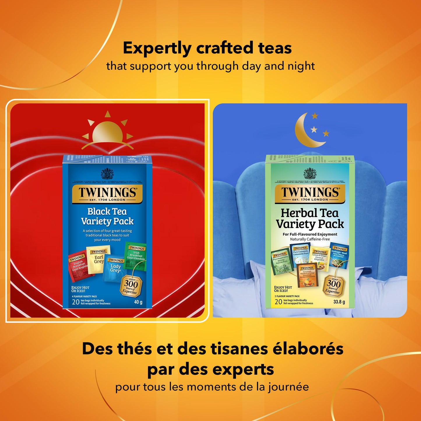 Twinings Variety Pack Individually Wrapped Teabags, Caffeinated Earl Grey, Lady Grey, Irish & English Breakfast Teas, 20 Count (Pack of 6), Enjoy Hot or Iced