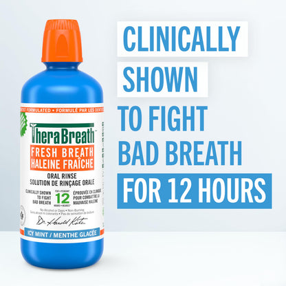 TheraBreath Fresh Breath Oral Rinse, Value Size, Clinically Shown to Fight Bad Breath for 12 Hours, Alcohol-Free & Dye-Free Mouthwash, Certified Vegan, Halal, Kosher & Gluten-Free, Icy Mint, 1L (Pack of 1)