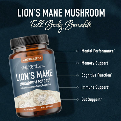 Lion’s Mane Supplement & Nootropic for Mental Clarity | 4 Month Supply | Performance & Memory Support | Antioxidant Rich & Immunomodulating Mushroom | Extra Strength Lions Mane 500mg | Non-GMO 120ct - Available at All In One Marketplace Canada