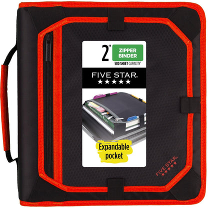 Five Star Zipper Binder, 2 Inch 3-Ring Binder with Round Rings, Expansion Panel and 5-Tab Expanding File, 580 Sheet Capacity, Red/Black (29052CE8)