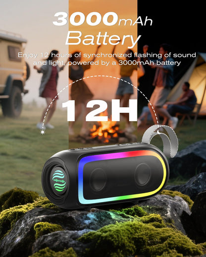 Portable Bluetooth Speaker, IPX6 Waterproof 20W HiFi Stereo Sound with Deep Bass 12H Playtime BT 5.2 Wireless TWS 7 Color Lights soundbox for Smartphone/Tablet/PC Apply to Home/Outdoor