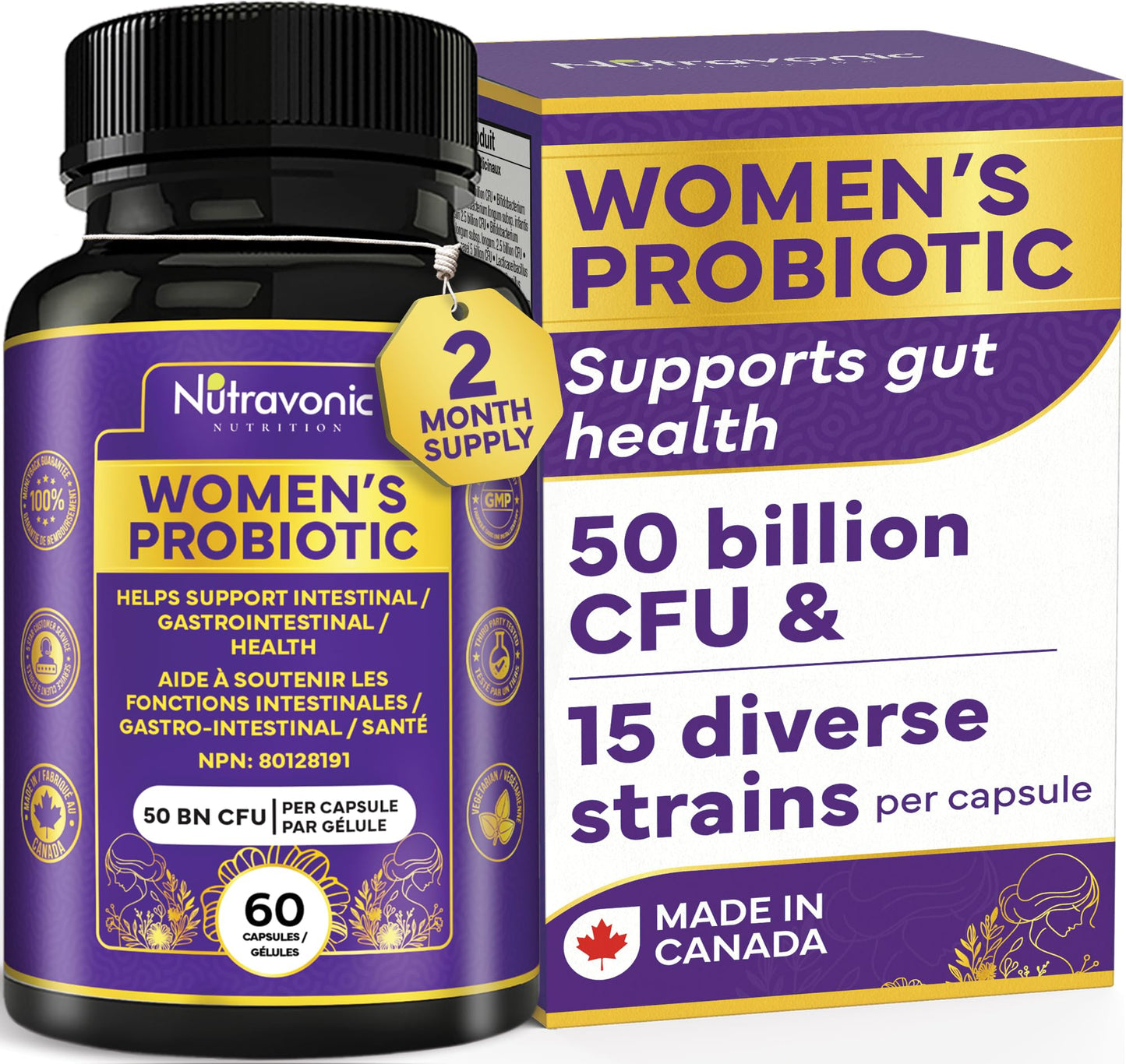 Probiotics for Women - 50 Billion CFUs Per Delayed Release Capsule. 15 Diverse Strains, including strains Limosilactobacillus Reuteri (lactobacillus reuteri) & lactobacillus gasseri. Support Gut Health, Bloating Relief & Digestion - 2 Month Supply. Nutrav - Available at All In One Marketplace Canada