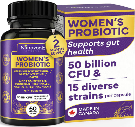Probiotics for Women - 50 Billion CFUs Per Delayed Release Capsule. 15 Diverse Strains, including strains Limosilactobacillus Reuteri (lactobacillus reuteri) & lactobacillus gasseri. Support Gut Health, Bloating Relief & Digestion - 2 Month Supply. Nutrav - Available at All In One Marketplace Canada