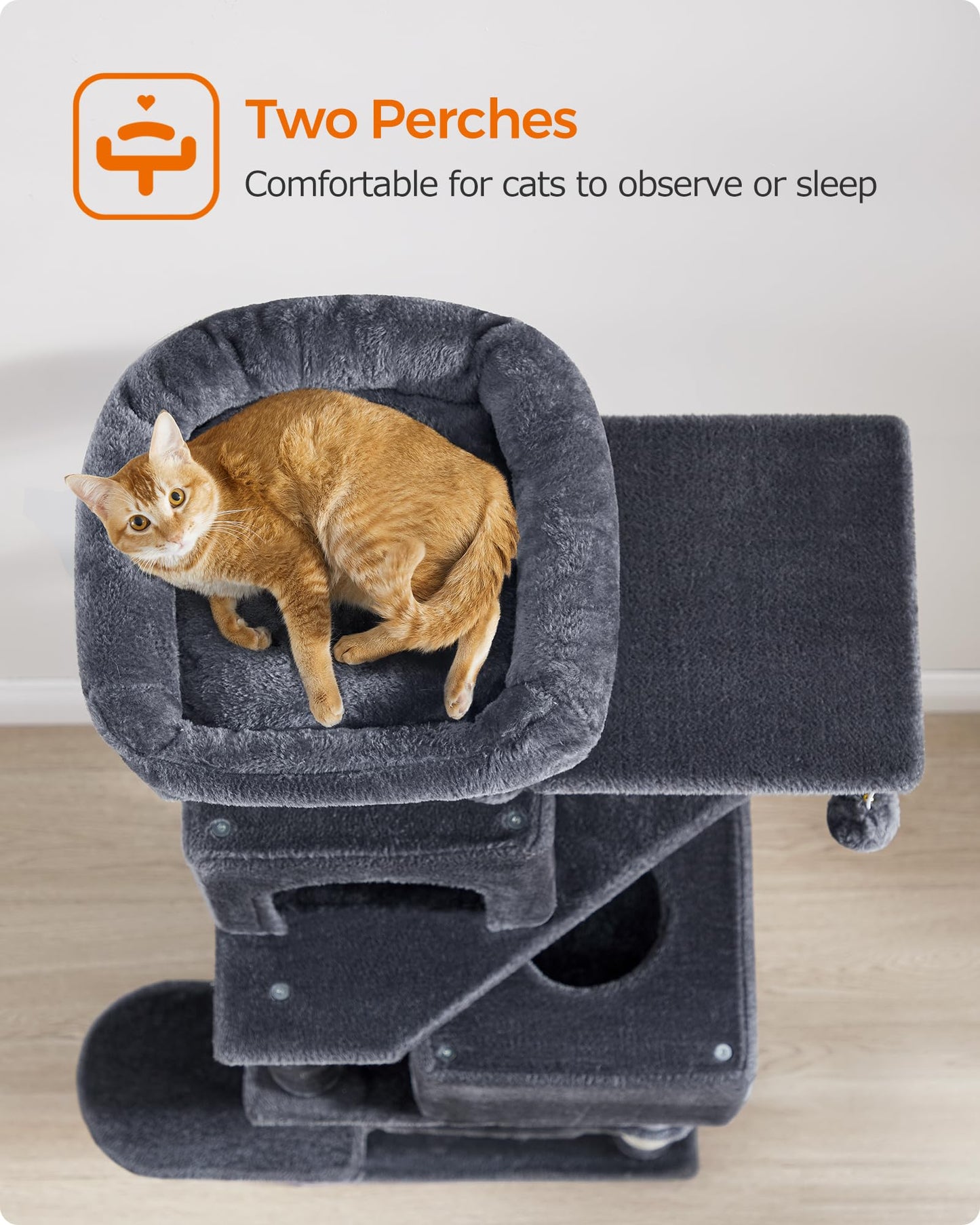 Feandrea Cat Tree Tower, 155 cm Multi-Level Cat Condo with 5 Scratching Posts, 2 Perches, 2 Caves, Hammock, 2 Pompoms, Smoky Gray UPCT192G01