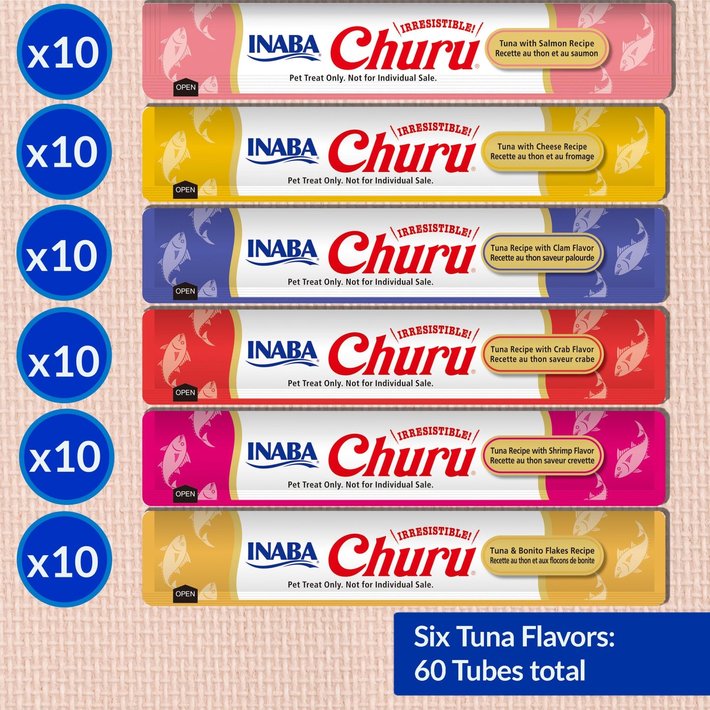 Friandises Churu pour chats INABA, purée crémeuse et onctueuse à lécher ou presser, avec extrait de thé vert et taurine, 14 grammes par tube, 60 tubes, boîte variée au thon