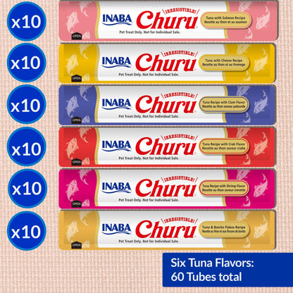 Friandises Churu pour chats INABA, purée crémeuse et onctueuse à lécher ou presser, avec extrait de thé vert et taurine, 14 grammes par tube, 60 tubes, boîte variée au thon
