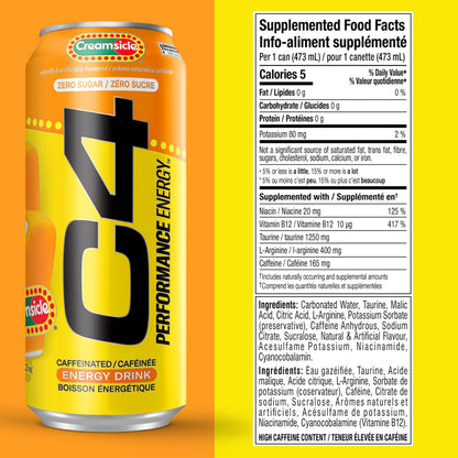 Cellucor C4 Performance Energy Drink, Creamsicle, Carbonated Sugar Free Drink with no Artificial Colours or Dyes, 473mL, 12 count