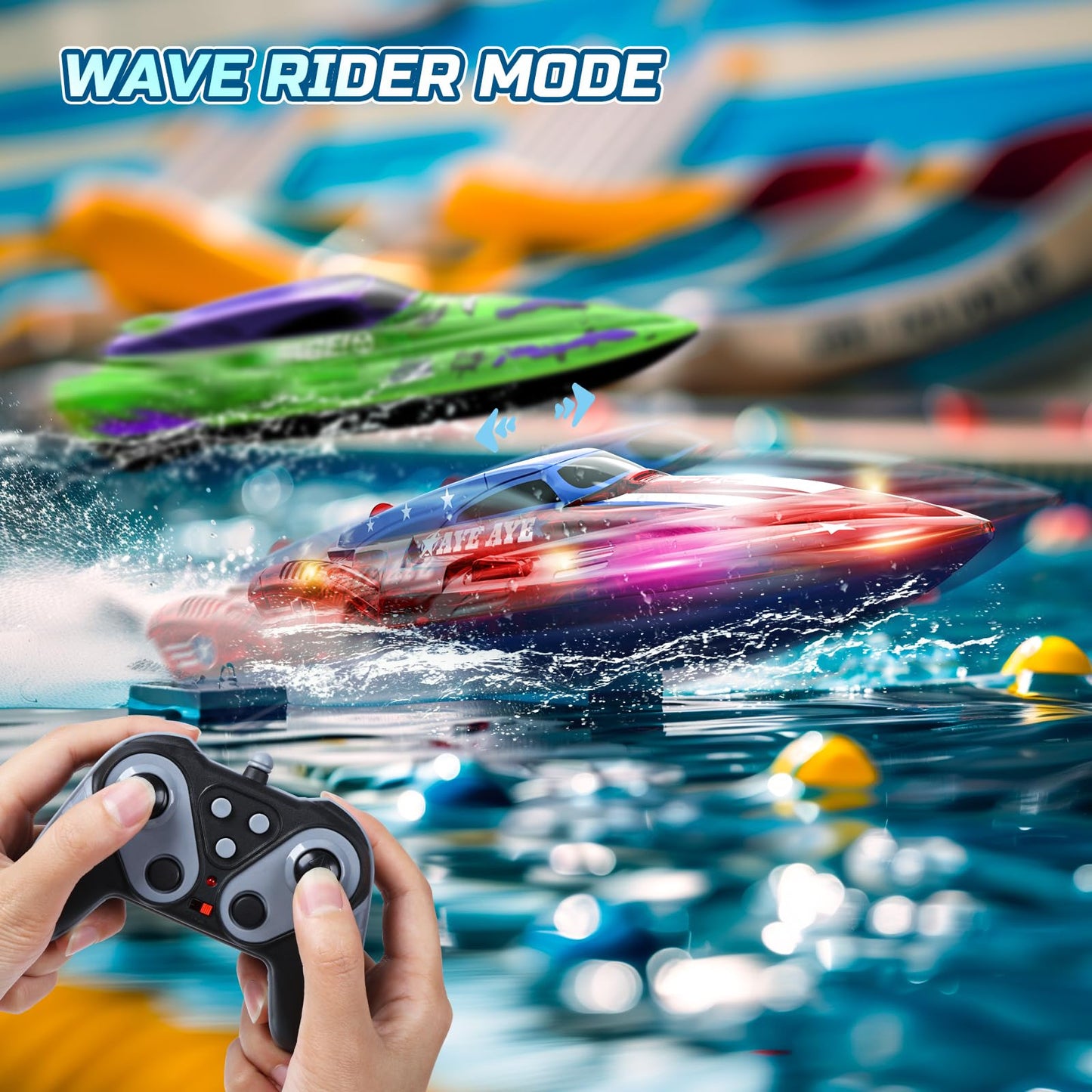 DEERC 2 Pack 13 inch Remote Control Boat for Kids, 4 Batteries, 2.4Ghz RC Racing Boat with LED Lights for Pools and Lakes, Water Summer Toy Gift