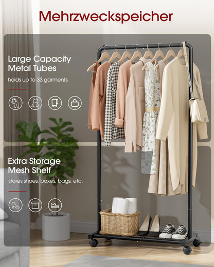 Sakugi Clothing Rack - Movable Multi-Functional Coat Rack with 4 Universal Wheels, Long-Lasting Metal Clothes Rack with Extra Storage Shelf for Bedroom, Office, Laundry(Black, 73W x 43.5D x 150H cm)