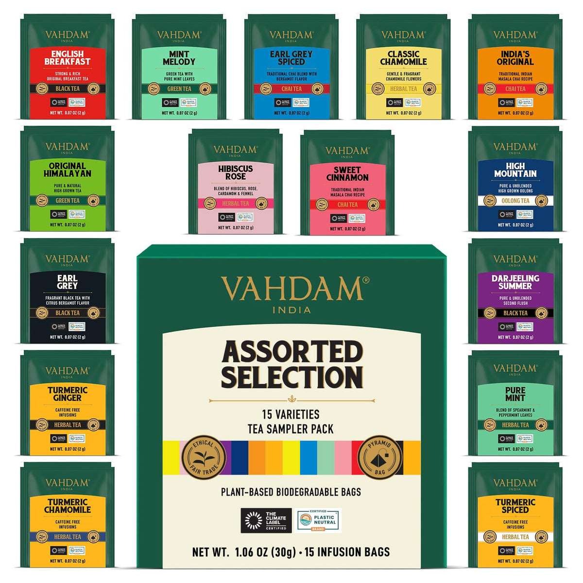 VAHDAM Assorted Tea Sampler (15 Unique Flavors in Pyramid Teabags) Tea Gift 🍁 All In One Marketplace Canada