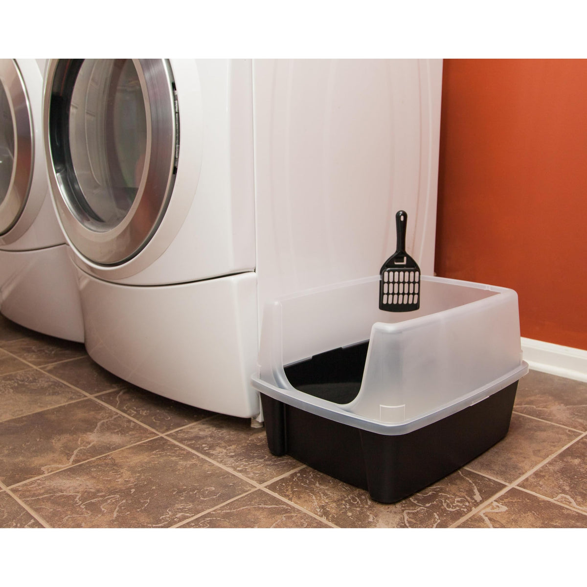 IRIS USA Large Cat Litter Box, Open Top High Sided Pan with Scoop, Black
