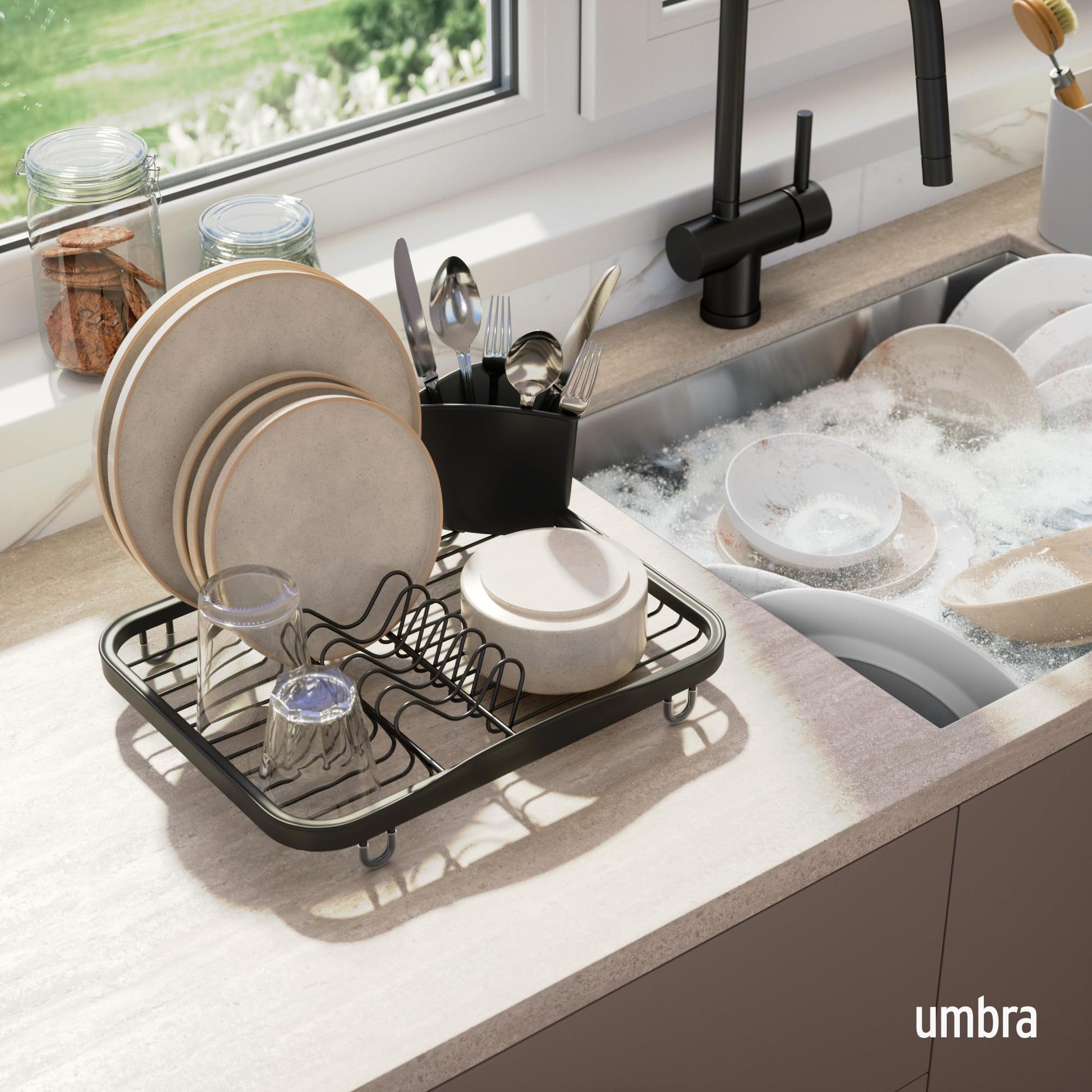 Umbra Sinkin Dish Drying Rack – Drainer Caddy with Removable Cutlery Holder – Use in Sink or On Counter, Standard, Black Umbra