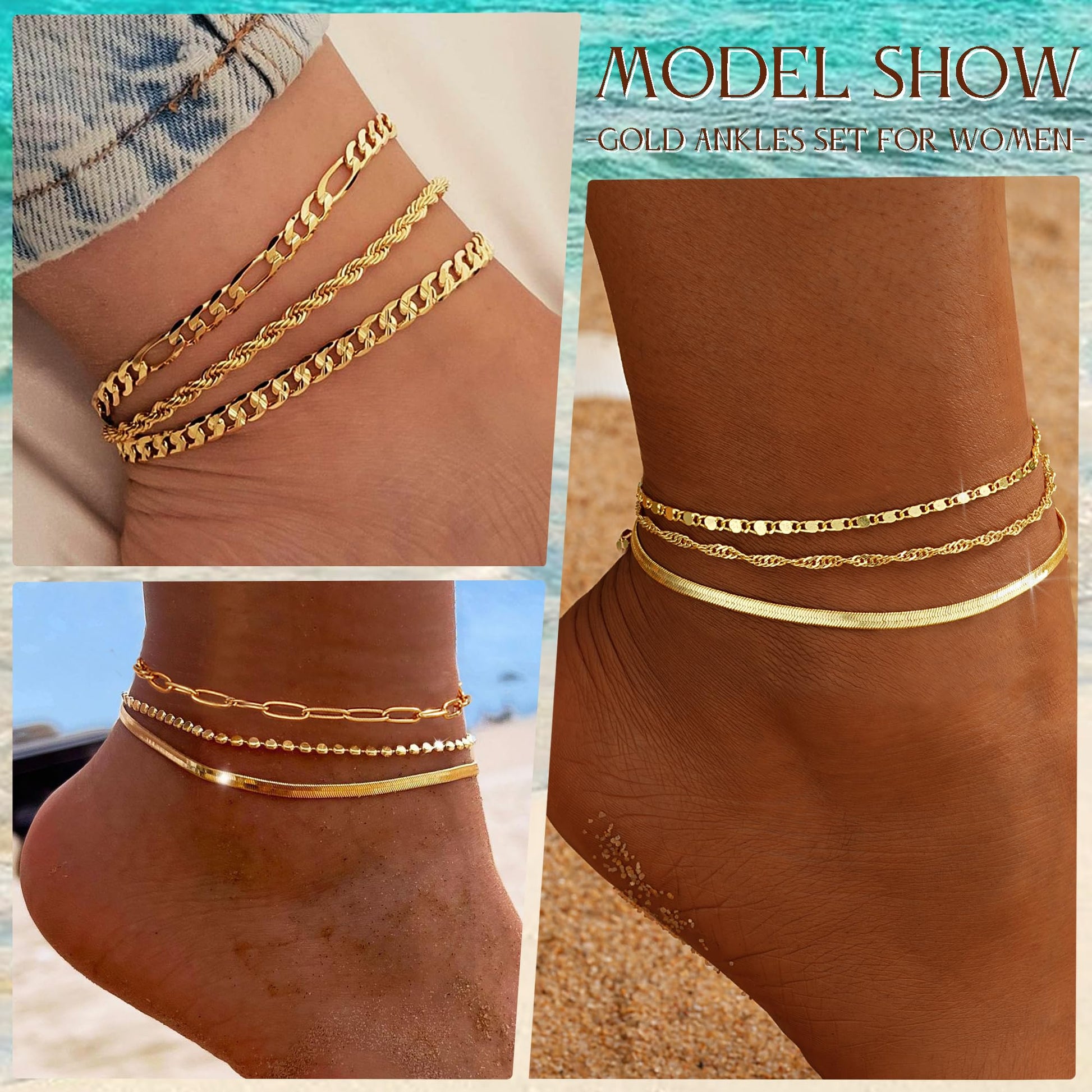 Gold Ankle Bracelets for Women, 14k Gold Plated Waterproof Cuban Link Chain Anklets Set, Layered Anklet Bracelets for Women Beach Gift Adjustable Size 5pc (GOLD-1) - Available at All In One Marketplace Canada
