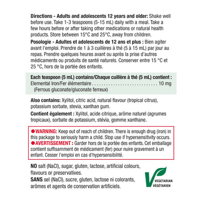 Jamieson Iron Liquid 10 mg Tropical Citrus Flavour, Helps Prevent Iron Deficiency and Supports Formation of Red Blood Cells. Vegetarian, Non-GMO, Gluten-Free, No Artificial Flavours, Colours, or Preservatives, 200 mL, Proudly Canadian