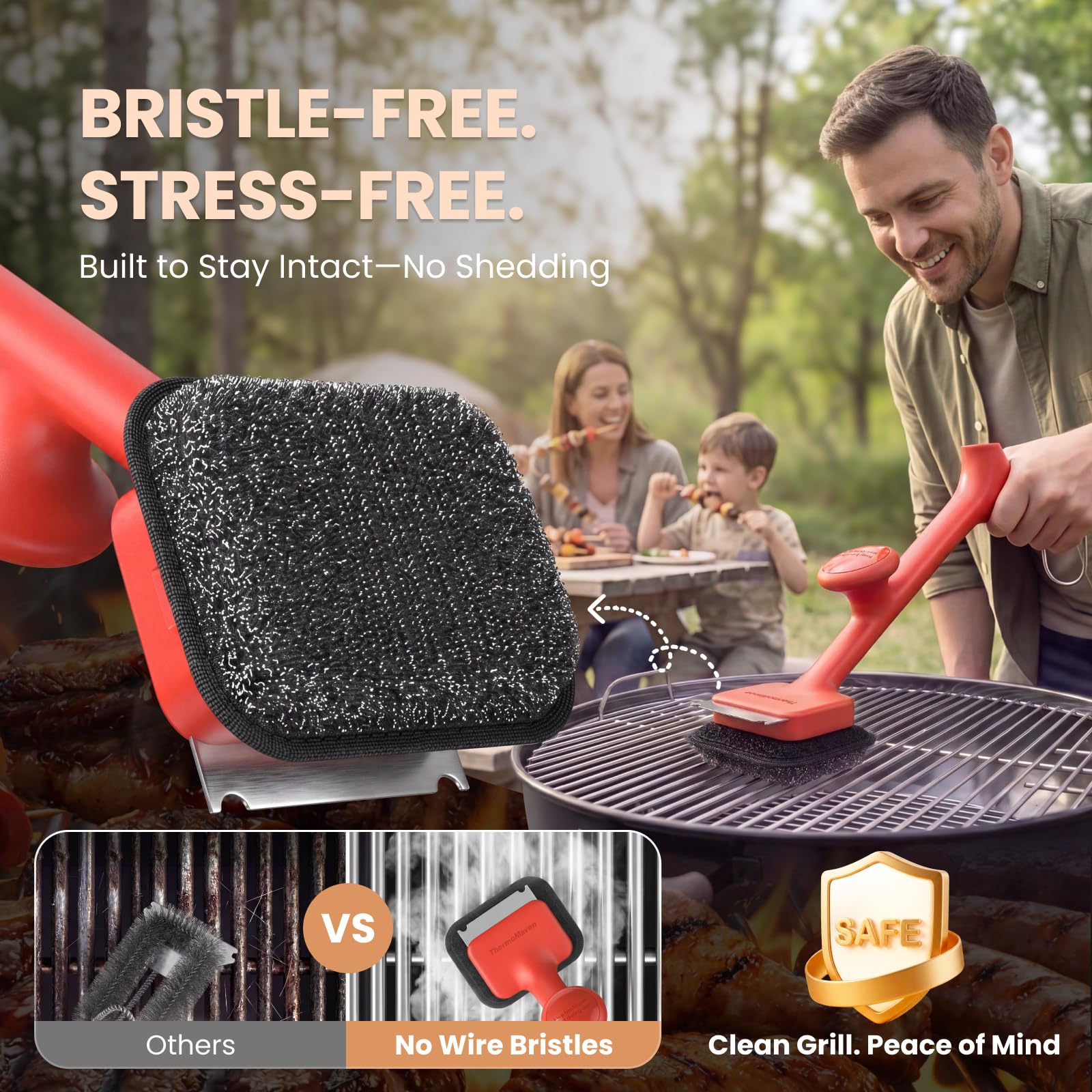ThermoMaven BBQ Grill Brush Bristle Free - 17" Safe Steam Grill Cleaner Brush with Scraper and 3 Brush Heads for Porcelain/Gas/Charcoal Grill Outdoor Grill Barbecue Cleaner - Available at All In One Marketplace Canada