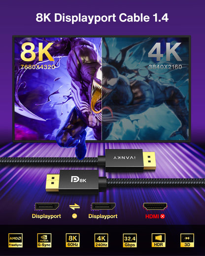 VESA Certified DisplayPort Cable 1.4, iVANKY 8K DP Cable 6.6ft (8K@60Hz, 4K@144Hz, 2K@240Hz)HBR3 Support 32.4Gbps, HDR, HDCP 2.2, FreeSync G-Sync, Braided Display Port for Gaming Monitor, Graphics, PC - Available at All In One Marketplace Canada