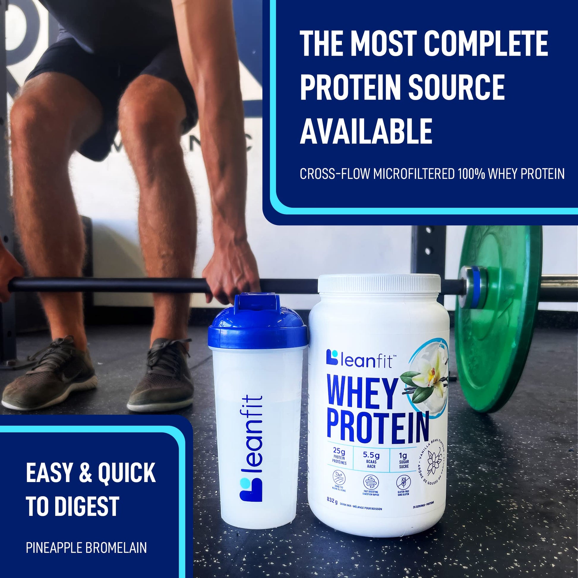 LeanFit Natural Vanilla Whey Protein Powder – 25g Protein Per Serving, Grass-Fed, Gluten-Free with BCAAs – 26 Servings (832g)