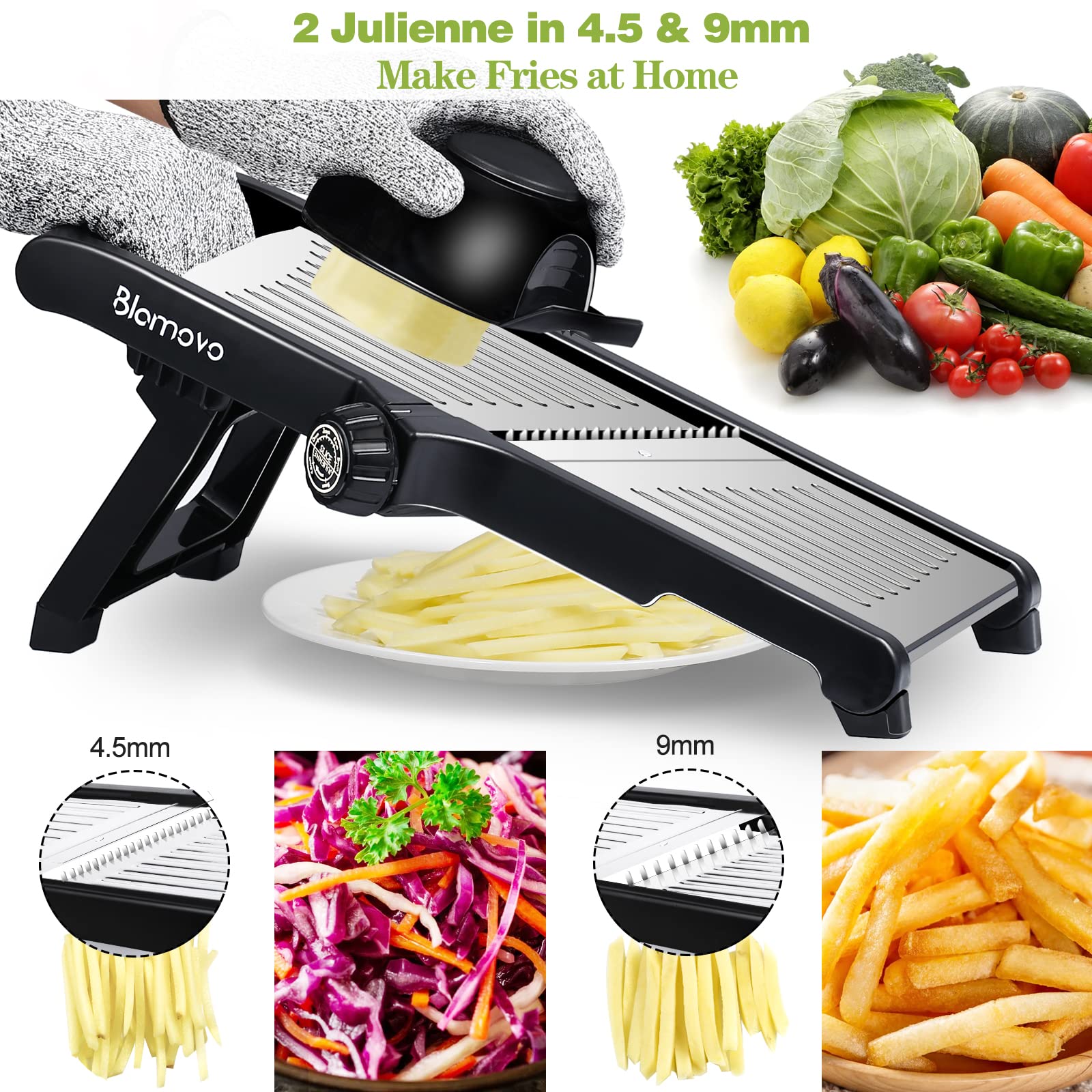 Blamovo Mandoline Slicer for Kitchen, Vegetable Mandolin Slicer with Adjustable Thickness by One-Knob Control, Veggie Fruit Potato Slicer Julienne, with Safety Gloves - Available at All In One Marketplace Canada