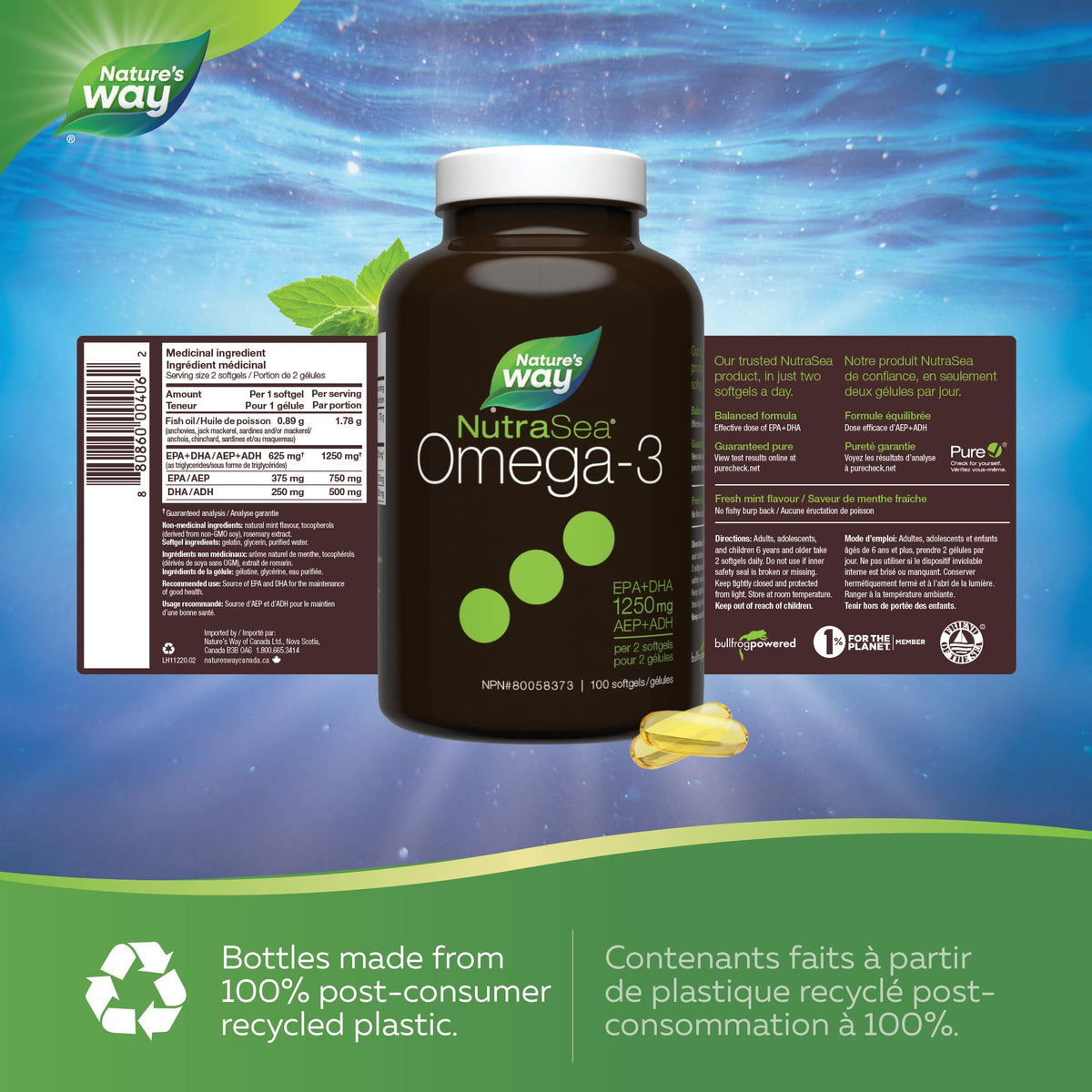 Nature's Way NutraSea Omega 3 Fish Oil Softgels Supplement for Adults and Kids Ages 6+ – Fresh Mint Flavour – Heart & Brain Support – 1250mg EPA & DHA, 100 Softgels