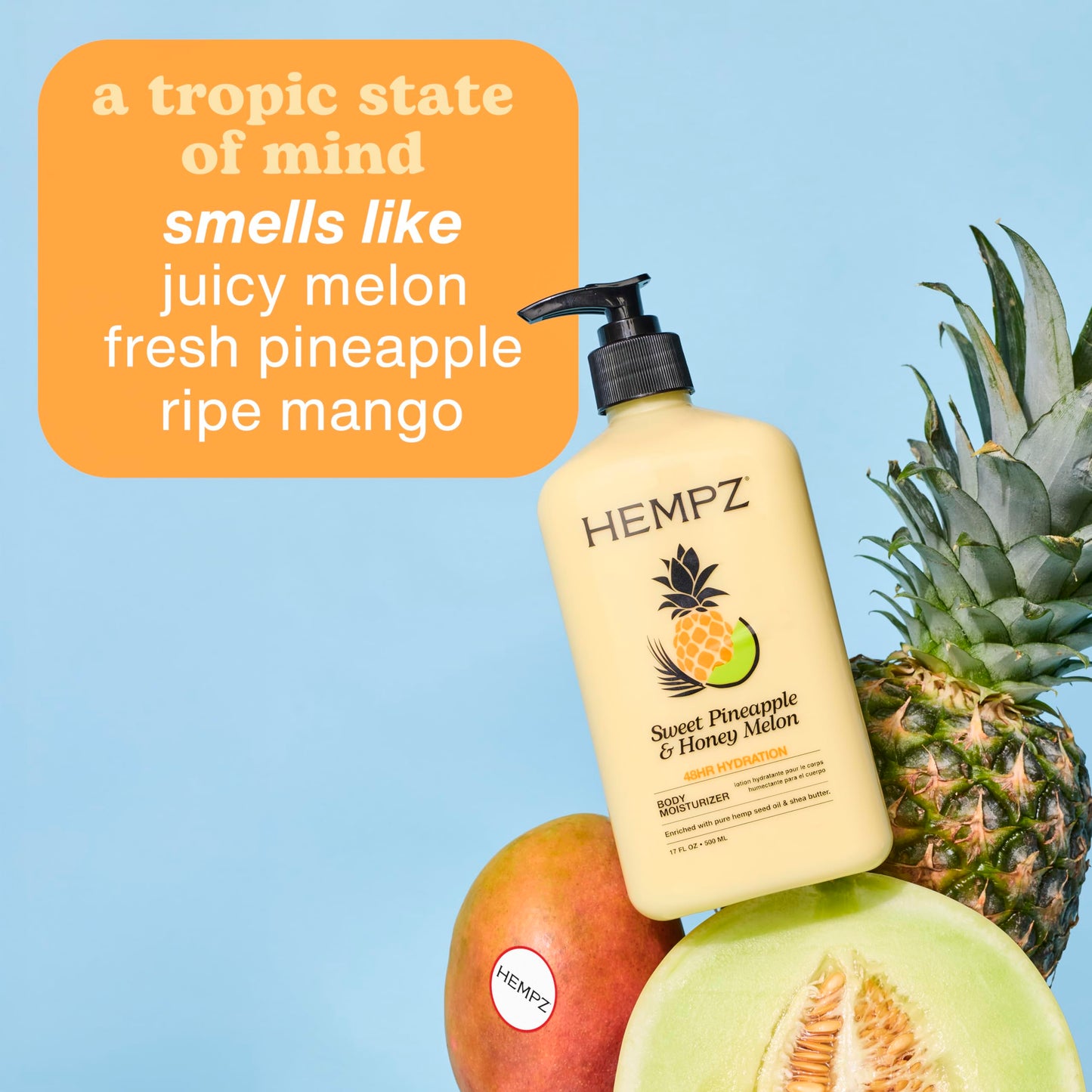 Hempz Sweet Pineapple & Honey Melon Moisturizing Skin Lotion, Natural Hemp Seed Herbal Body Moisturizer with Jojoba, Natural Extracts, Vitamin A and E, 17 oz
