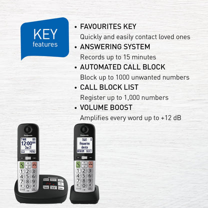 Panasonic Cordless Phone, Large Display and Big Buttons, Flashing Favourites Key, Built in Flashlight, Call Block, Volume Boost, Talking Caller ID, 2 Cordless Handsets - KX-TGU432CB (Black/Silver)